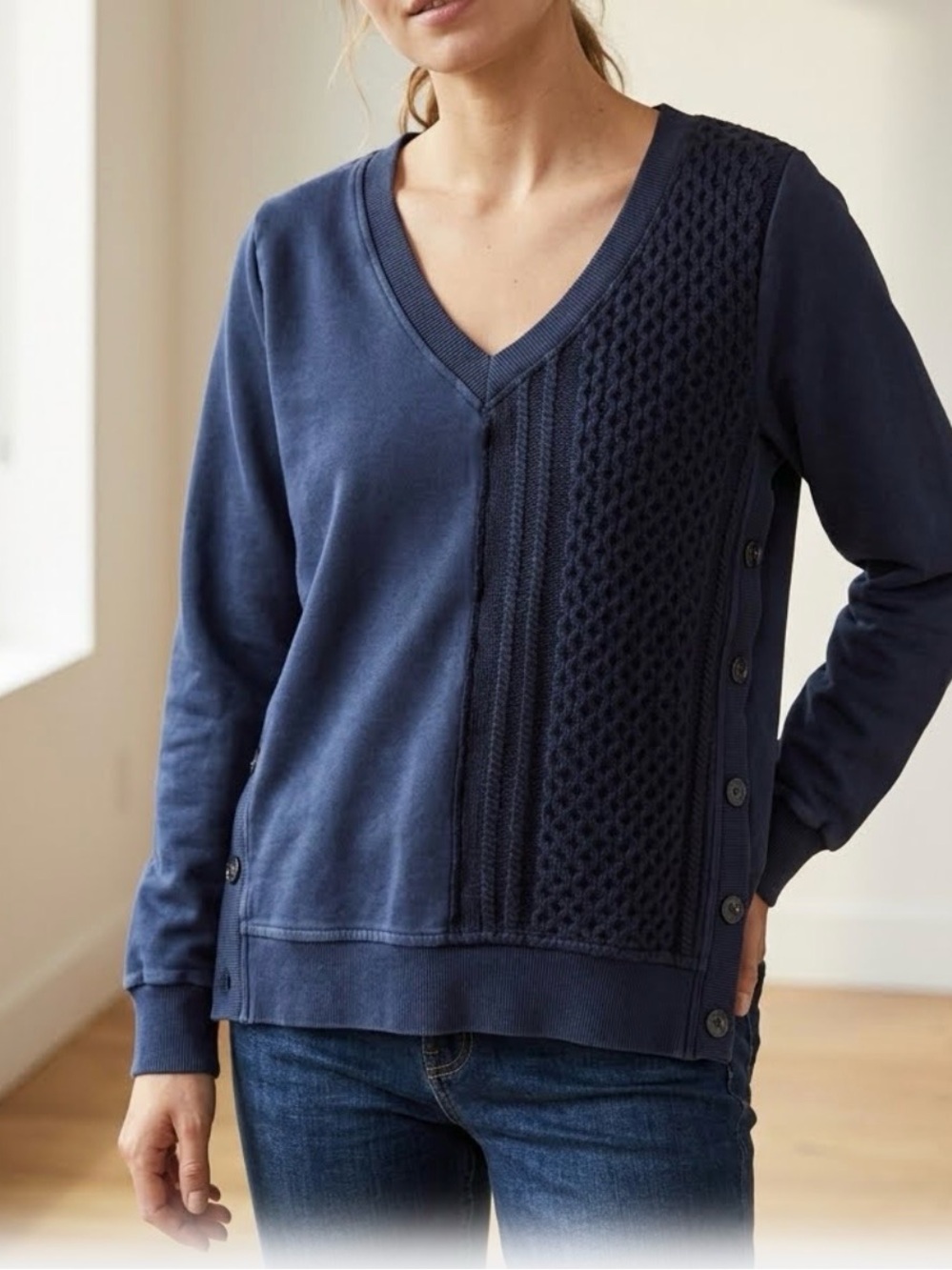 Saturday Sunday by Anthropologie Arcana Navy Mixed Knit Button Sweater Size M 31